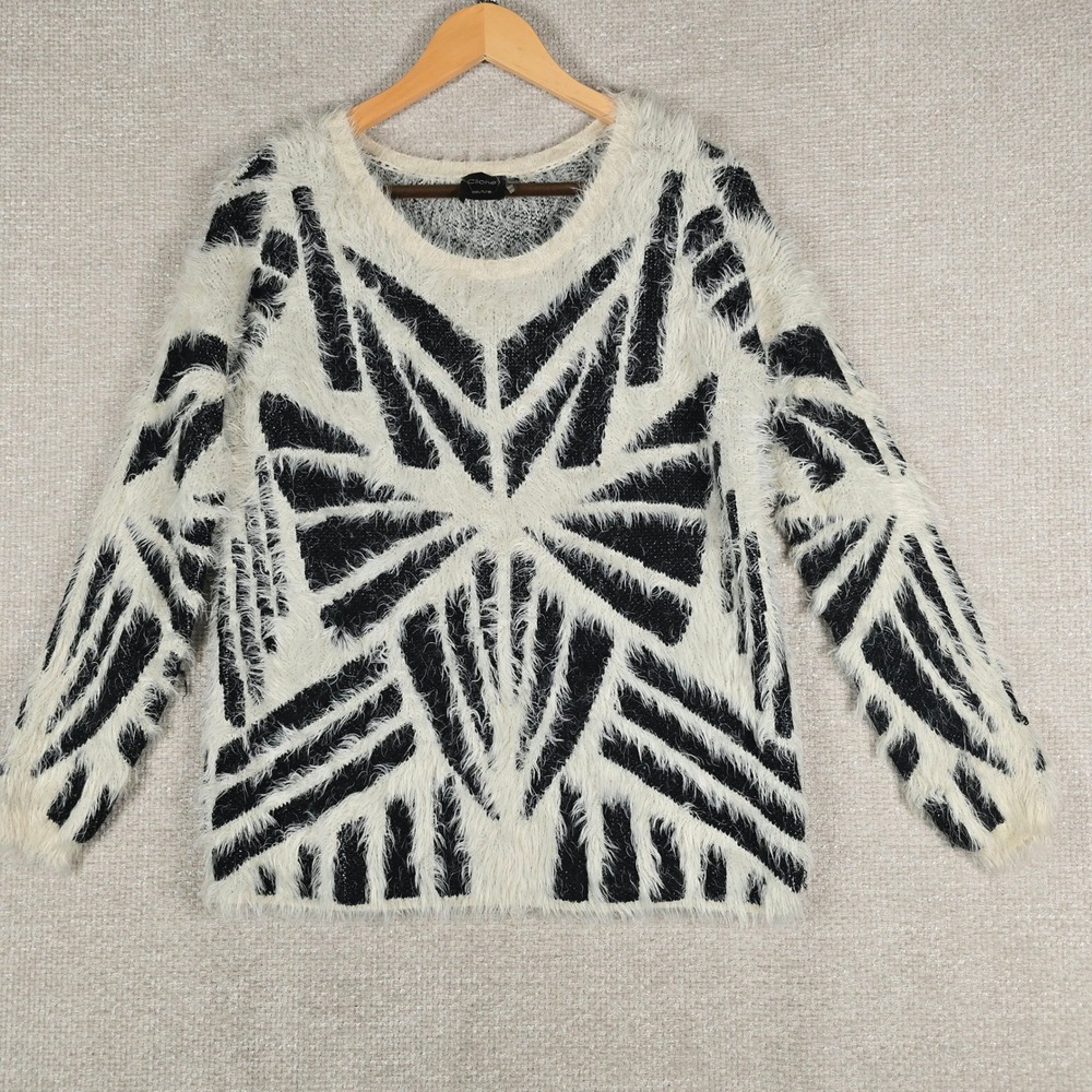 Cliche Couture Womens Black Cream Fuzzy Geometric Starburst Wool Blend Sweater M